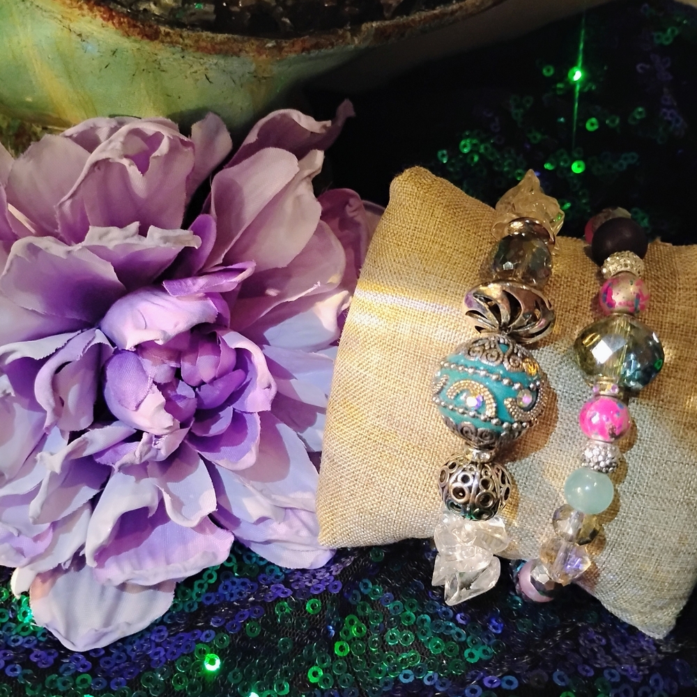Chic Beaded Bracelet Set with Blue and Pink Accents